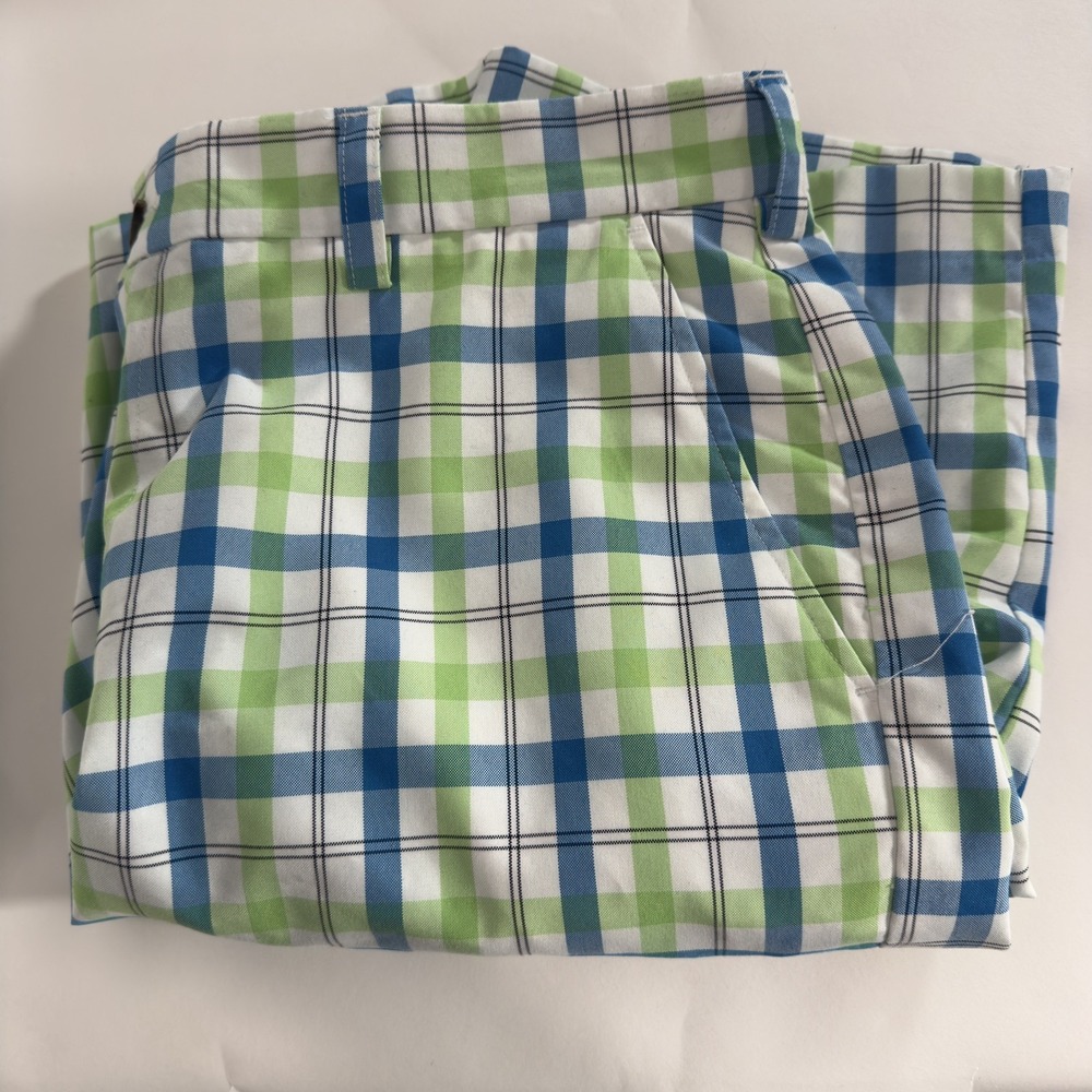 IZOD PerformX Golf Shorts Mens 36 Blue Green Plaid Flat Front Performance
